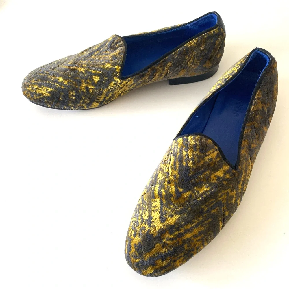 Fertini 80200 Low Vamp Loafer Gold Velvet Slip on Smoking Shoe Yellow Gray 43